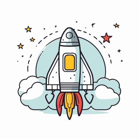 Space rocket with stars and clouds. Vector illustration in linea