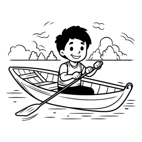 Boy rowing a boat on the lake. black and white vector illustrati