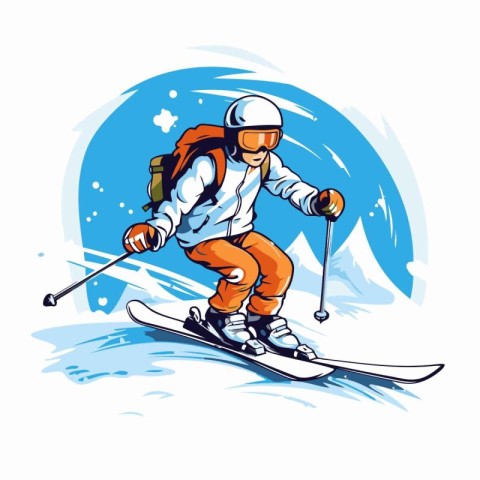 Skiing man with a backpack and skis. Vector illustration.