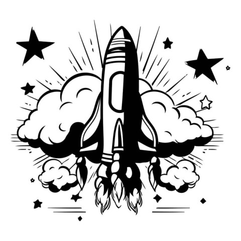 Vector illustration of a rocket flying through the clouds. Black