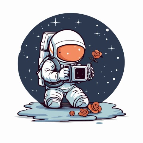 Astronaut holding a rose in his hand. Vector illustration.