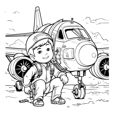 Cartoon illustration of a boy with a toy plane. Coloring book fo