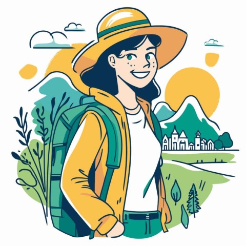 Tourist woman in a hat with a backpack. Vector illustration.