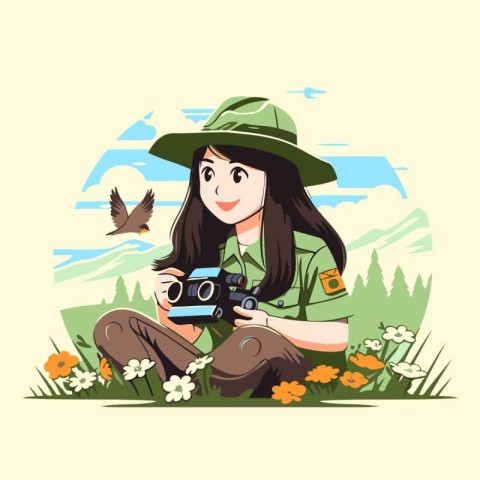 Girl with binoculars in the meadow. Vector illustration.