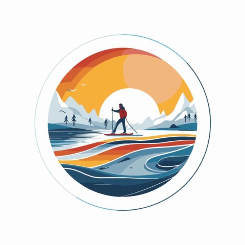 Snowboarder at sunset in the mountains. Vector illustration in r