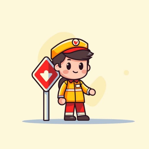 cute boy in firefighter uniform with traffic sign vector illustr