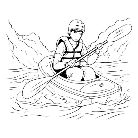 Illustration of a man kayaking on the river. black and white