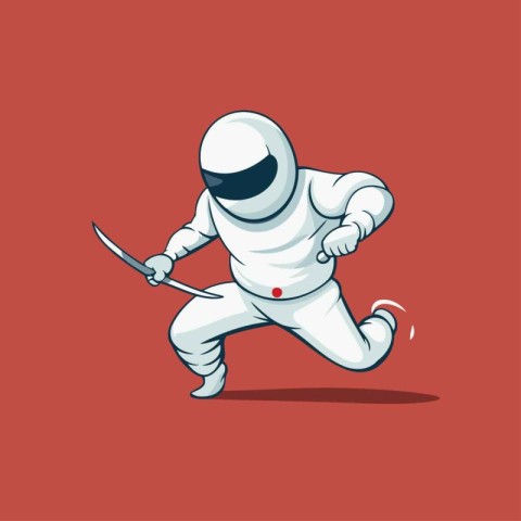 Astronaut in white suit running with sword. Vector illustration.