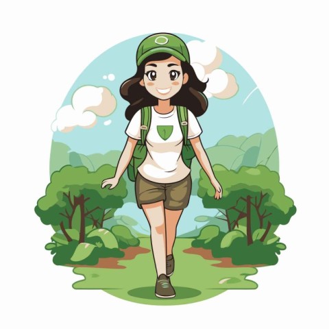 Hiking woman with backpack in the park cartoon vector illustrati