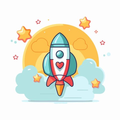 Rocket with heart and stars. Vector illustration in flat cartoon