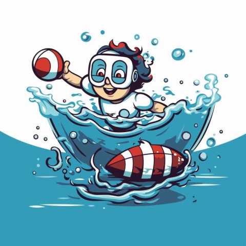 Cartoon funny boy playing with a ball in the water. Vector illus