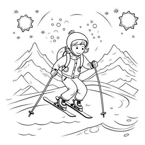 Coloring book for children: skier in the mountains. Vector illus