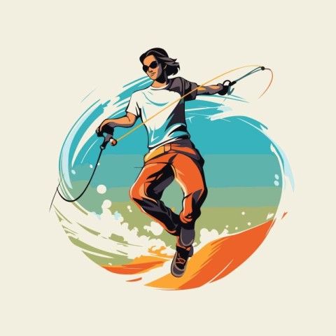 Surfer jumping with a jump rope in hand. Vector illustration.