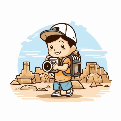 Tourist boy with camera in the desert. Vector illustration in ca