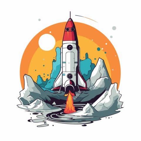 Rocket on the background of the moon and the sea. Vector illustr