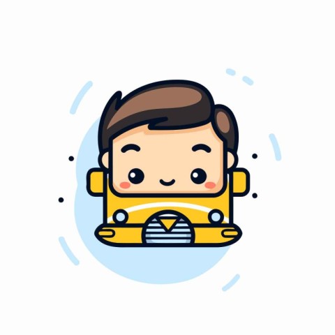 Cute boy driving school bus. Vector flat cartoon character illus