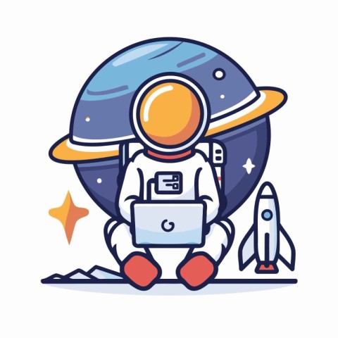 Astronaut with laptop and rocket. Vector illustration in cartoon