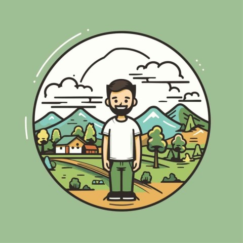 Hipster man in front of mountain landscape. Vector illustration.