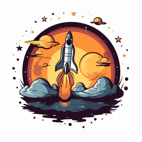 Space rocket flying in the sky. Vector illustration in cartoon s