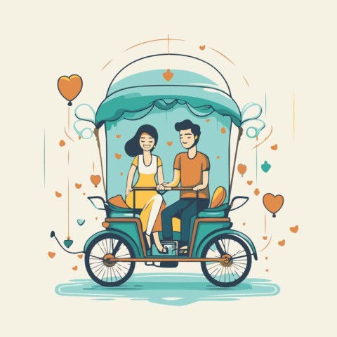 Couple riding a tuk tuk in love. Vector illustration.