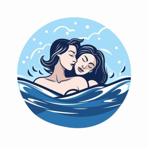 Vector illustration of a loving couple in the sea with closed ey