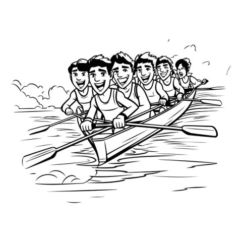 Group of men rowing in a rowboat. Black and white vector illustr