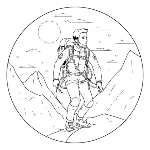 Hiker in the mountains. Black and white illustration for colorin