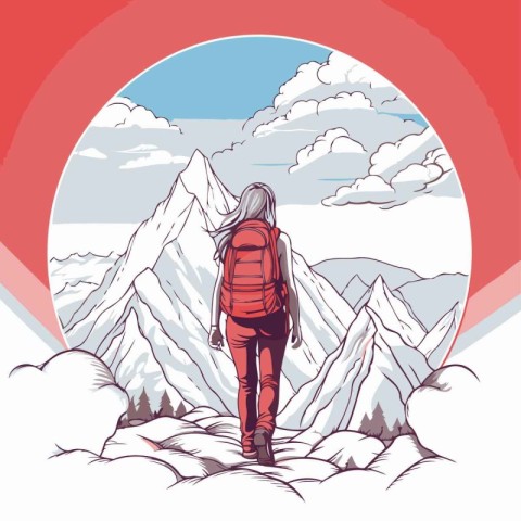 Hiking in the mountains. Vector illustration of a man with a bac