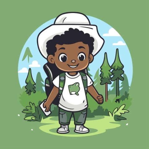 Cute african american boy hiking in the forest vector illustrati