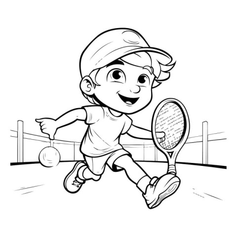 Vector illustration of a boy playing tennis on the court. Colori