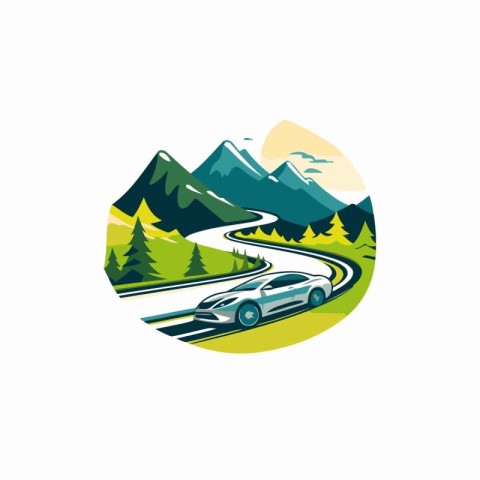 Mountain road logo with car and mountains. Vector illustration i