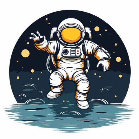 Astronaut in the ocean. Vector illustration in retro style.