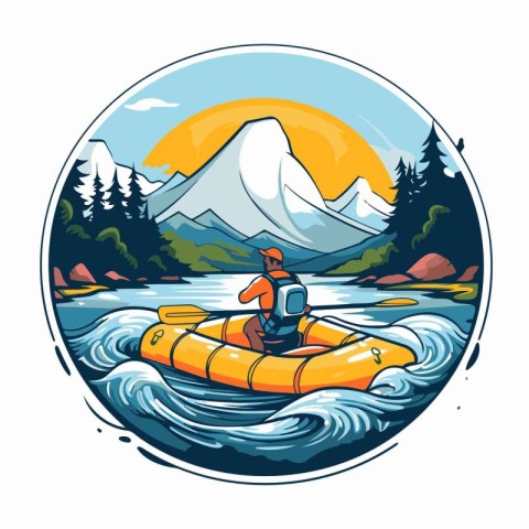 Rafting on a mountain river. Vector illustration of a rafting on