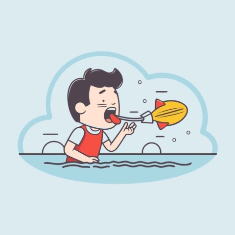 Man eating fish in the sea. Vector thin line cartoon illustratio