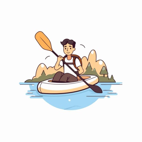 Man paddling a kayak on the lake. Flat vector illustration.