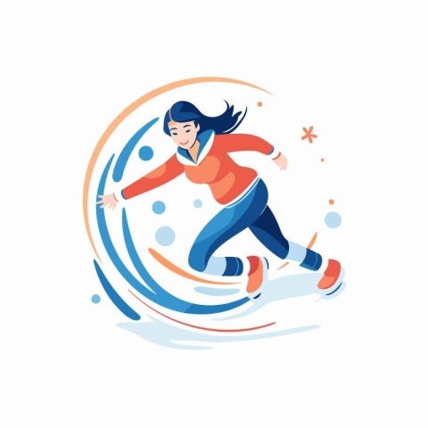 Winter sport vector illustration. Happy woman skates on ice rink