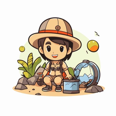 Trekking boy vector illustration. Cartoon boy scout on the beach