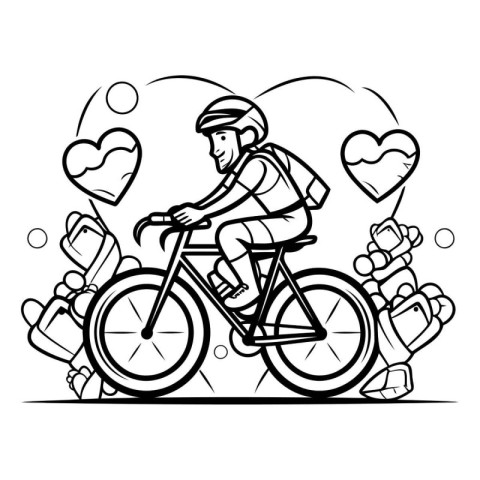 Cyclist with hearts on the bicycle. Outline vector illustration.