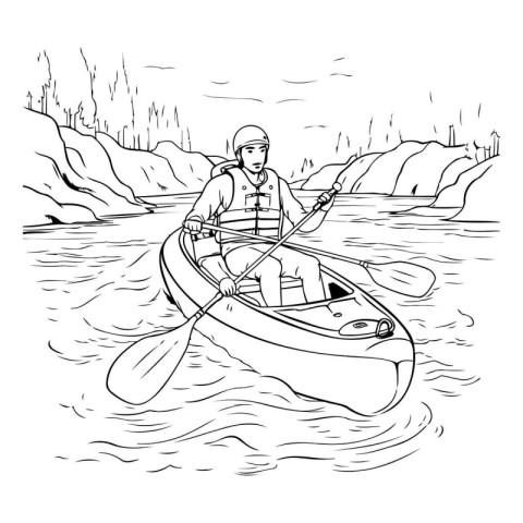 Man paddling a kayak on the river. Vector illustration.