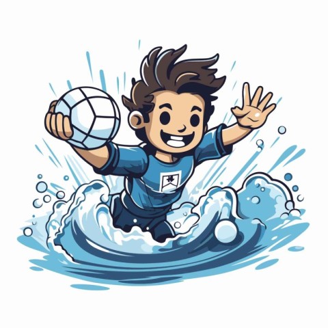 Cartoon soccer player with ball on the wave. Vector illustration