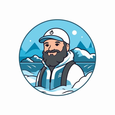 Vector illustration of a snowboarder in winter landscape with mo