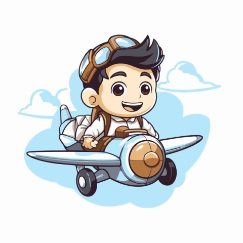 Cute boy pilot with airplane. Vector illustration. Cartoon style