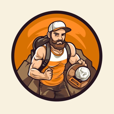 Illustration of a hiker with helmet and backpack set inside circ