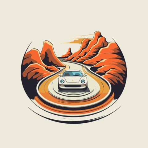 Car on the road in the mountains. Vector illustration in retro s