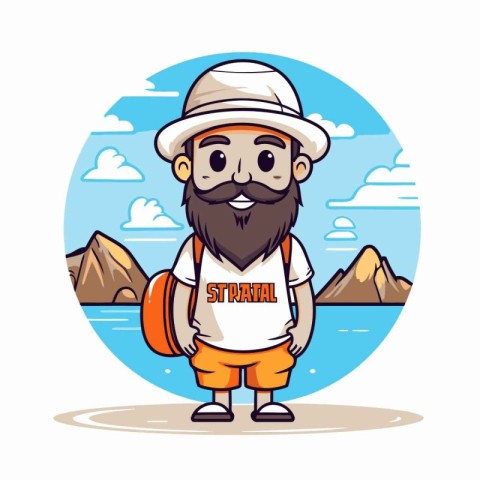 Bearded man with backpack and hat. Vector illustration in cartoo