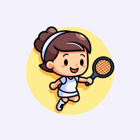 Cute girl playing tennis cartoon character vector illustration.