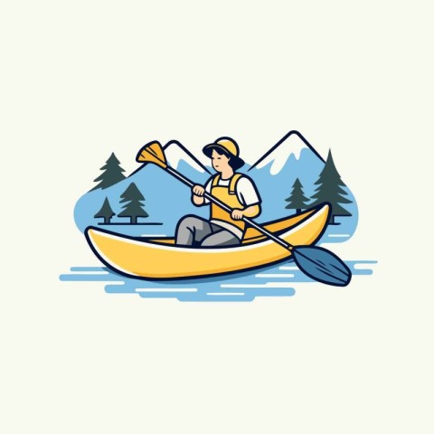 Man in kayak on the lake. Vector illustration. Canoeing.