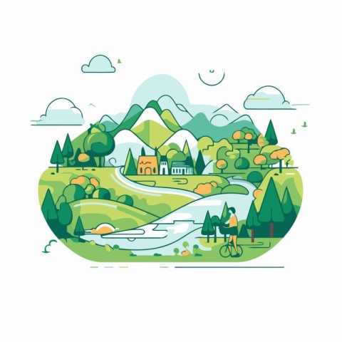 Landscape with mountains. river. trees and houses. Vector illust