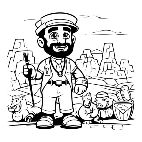 Cartoon safari explorer with a dog. Vector illustration ready fo