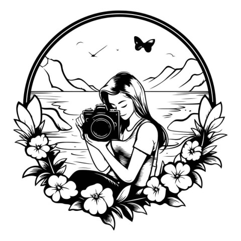 Beautiful girl photographer with camera and flowers. Vector blac